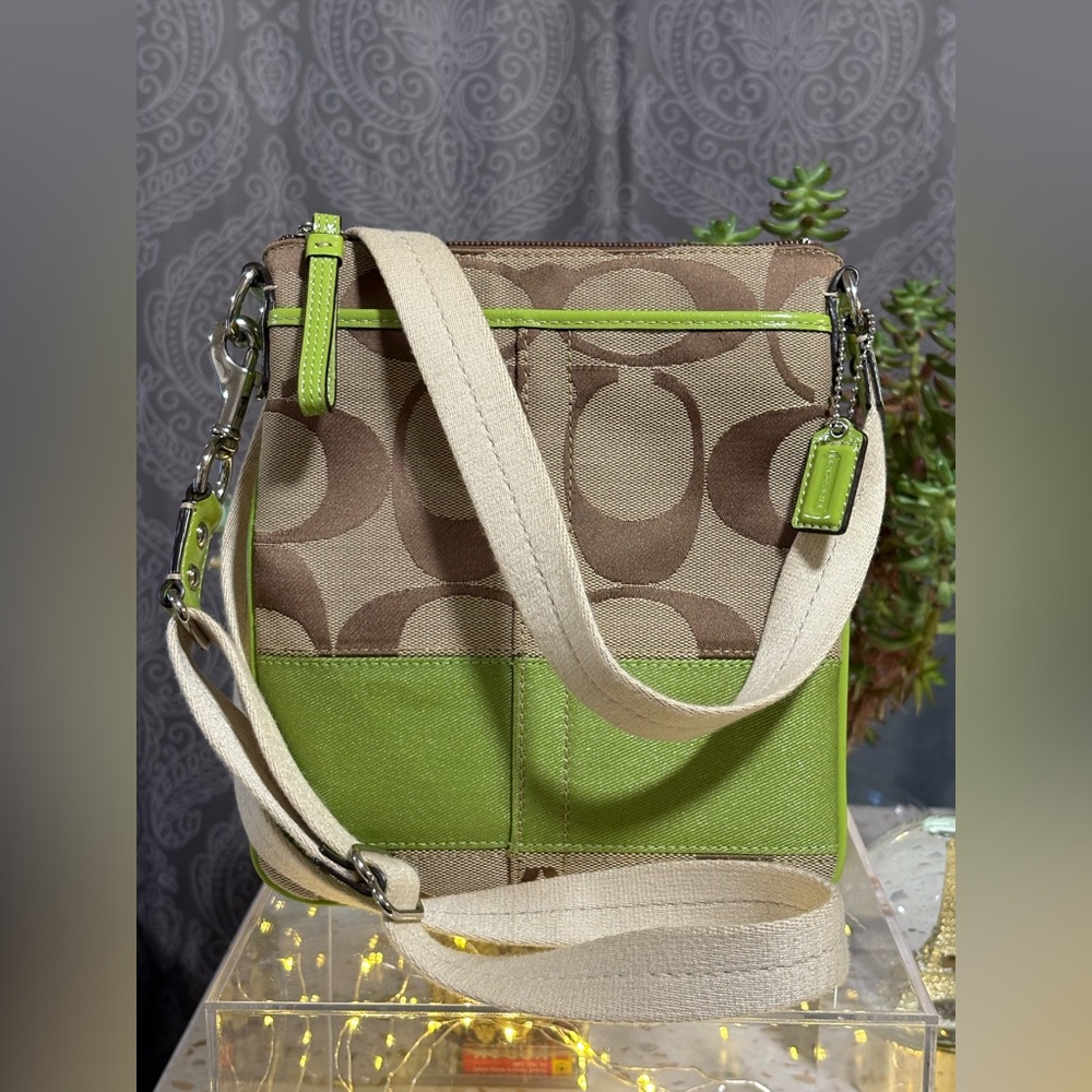 Coach Signature Canvas Crossbody Bag with Lime Green Leather Details.